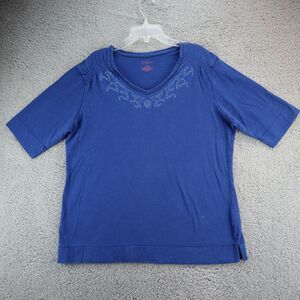 Northcrest Women Blouse Size Large Blue Short Sleeve Embellished V Neck Cotton